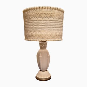 French Art Deco Cream Ceramic Table Lamp with Handmade Fabric Shade, 1920s