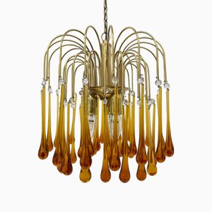 Gold-Plated Metal and Murano Glass Drop Chandelier by Paolo Venini for Mand Eurolux, 1970s