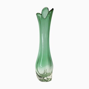 Große handgemachte Vintage Murano Glasvase in Smaragdgrün, 1980er