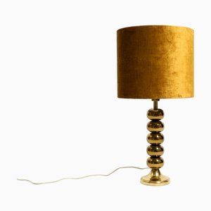 Large Brass Table Lamp with Velvet Shade from Aneta Växjö, Sweden, 1970s