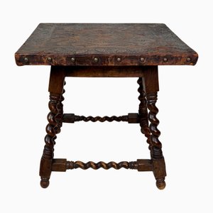 Embossed Leather and Oak Barley Twist Side Table, 1890s
