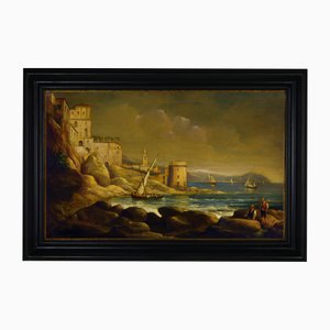 Paolo De Robertis, Coastal Landscape with Fishing Boats and Figures, Oil on Jute Canvas