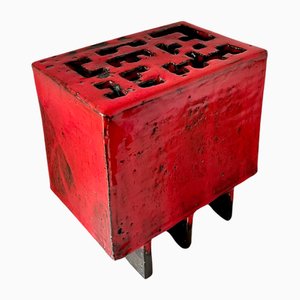 Vase à Fleurs de Style Asiatique en Céramique Rouge avec Insertions Florales, 1970s