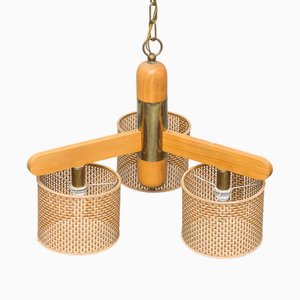 Lampadario a tre luci in legno e vimini, anni '70