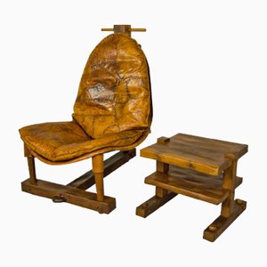 Brazilian Patched Leather Lounge Chair with Table, 1960s, Set of 2