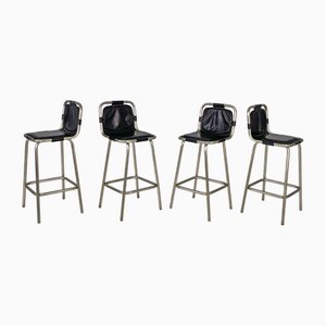 Italienische Moderne Hocker aus Metall & schwarzem Leder, 1970er, 4 . Set