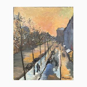 Geneviève Chapront, Snowy Boulevard Saint-Germain, 1950s, Oil on Canvas