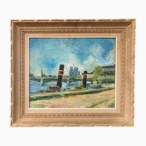 French School Artist, Parisian Barge at the Quayside, 1890s-1910s, Oil on Canvas, Framed
