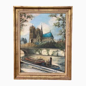 French School, Notre-Dame-De-Paris, 1950s, Oil on Canvas, Framed