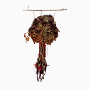 Großer handgewebter Apfelbaum Makramee Kunst Wandbehang aus Kokosfasern mit Details aus Kiefernholz, Westdeutschland, 1970er