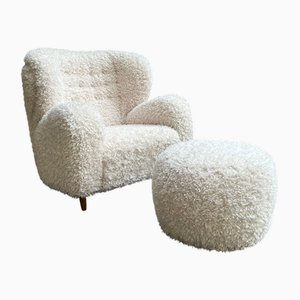 Skandinavischer Wing Sessel & Fußhocker aus Langhaar Stoff, 2000er, 2 . Set