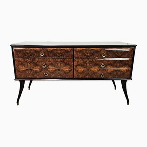 Commode Mid-Century en Loupe d'Acajou avec Plateau en Verre, 1950s