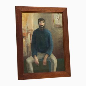 Belgian Artist, Portrait of a Sitting Man, 1964, Oil and Tempera Paint on Canvas