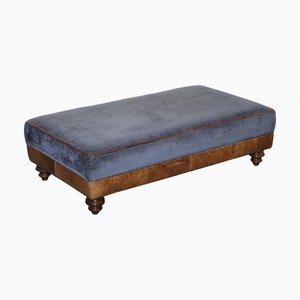 Large Tetrad Constable Ottoman in Blue Fabric and Leather Base