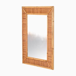 Großer rechteckiger French Riviera Spiegel aus Bambus & gewebtem Rattan, 1970er