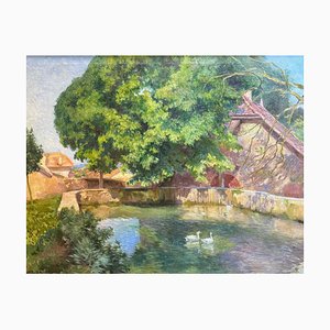 Henri Edouard Brosset, Stagno con anatre, Olio su tela