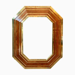 Large French Brass and Burr Elm Mirror attributed to Jean Claude Mahey, 1970s
