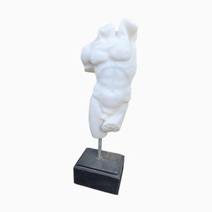Italian Hand-Carved Marble Greek Torso on Black Marble Base, 1980