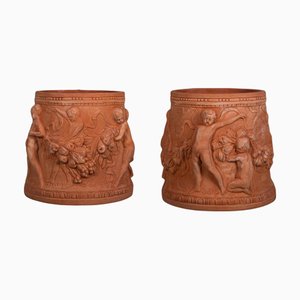 Cylindrical Terracotta Impruneta Planters with Putti, Late 20th Century, Set of 2