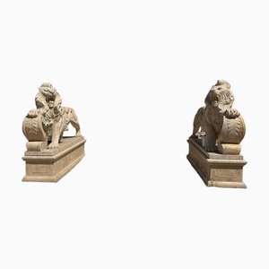 Hand-Carved Travertine Marble Lions, Italy, 1980s, Set of 2