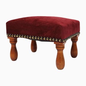 Vintage Art Deco Stool in Red Velvet with Wooden Legs, 1930s