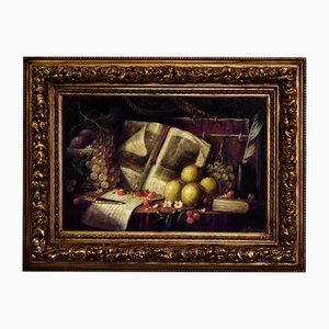 Massimo Reggiani, Still Life with Fruit, Book and Quill, 1990s, Oil on Canvas, Framed