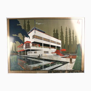 Plan et Dessin de Marcel Seger, Bauhaus Villa, 1932, Fusain & Pastel sur Papier, Set de 2