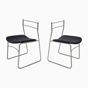Moderne Italienische Stühle aus Stahlstangen & Schwarzem Kunstleder, 1970er