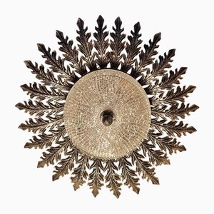 Grand Plafonnier Plat Vintage avec Cadre en Métal Noir avec Abat-jour en Verre Relief Argenté et Patiné, 1980s