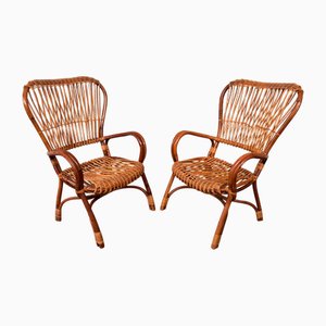 Vintage Italian Bamboo and Wicker Armchairs, 1970s, Set of 2