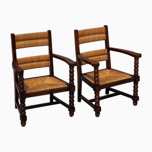 Set of Stained Oak and Straw Armchairs, 1950