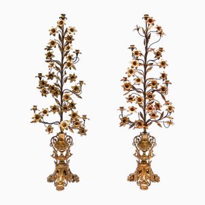 Candelabri da chiesa grandi in metallo dorato, XIX secolo, set di 2