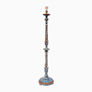 Grand Lampadaire en Bois Sculpté Bleu et Doré, Italie, 1950s