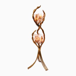 Lampadaire Antique en Bois Sculpté Patiné Bleu et Doré par Henri Fernandez, Italie, 1970s