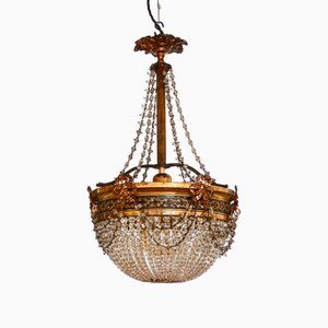Lustre Napoléon III Style Louis XVI Antique en Bronze et Perles de Cristal, 1890s