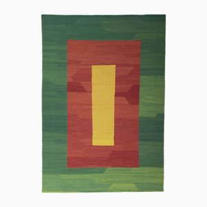 Tapis Kilim tissé à la main vert, rouge et jaune