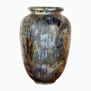 Große Art Deco Vase aus glasiertem und schillerndem Blauem Steingut von Roger Guérin, 1930er