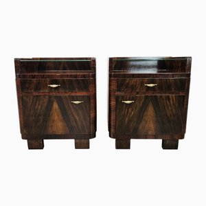 Tables de Chevet Art Déco en Loupe de Noyer avec Plateaux en Verre et Poignées en Laiton, 1940s, Set de 2