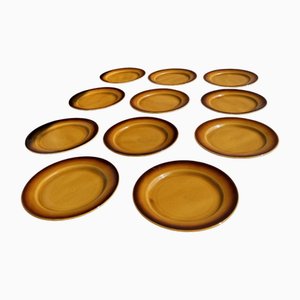 Assiettes en Grès Marron Foncé et Jaune, 1980s, Set de 11