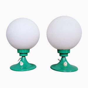 Vintage Bedside Lamps in Green Lacquered Metal and White Satin Glass Globe, 1960s, Set of 2