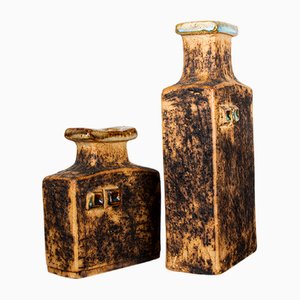 Swedish Brutalist Style Stoneware Vases with Glazed Collar by Curt Magnus-Addin, 1970s, Set of 2