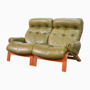 Canapé 2 Places Ry-Wing Scandinave en Cuir Vert Olive par Elsa and Nordahl Solheim pour Rybo Rykken & Co., 1960s