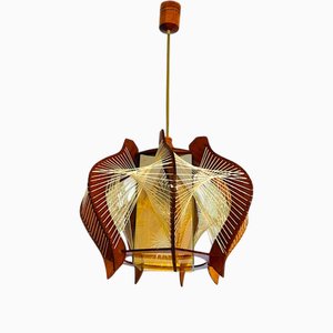 Lámpara colgante Mid-Century moderna de madera y vidrio, años 60