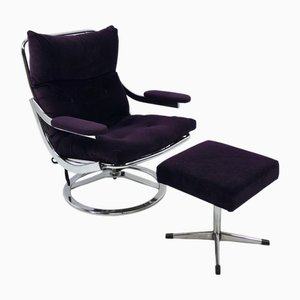 Set of Dutch Space Age Chrome Recliner Chair and Ottoman from Leolux, 1970s
