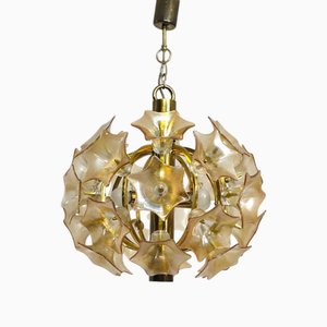 Lustre Mid-Century avec Fleurs de Murano et Laiton de Sische, Allemagne, 1960s