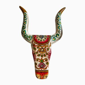 Mucca Longhorn vintage in legno dipinto, anni '50