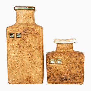 Swedish Brutalist Style Stoneware Vases with Glazed Collar by Curt Magnus-Addin 1960., Set of 2