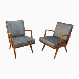 Lounge Chairs in Cherry Wood & Blue-Silver Fabric from Knoll, Germany, 1950s, Set of 2