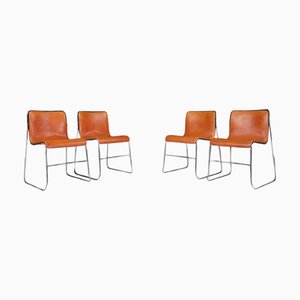 Chaises de Salle à Manger Mid-Century en Cuir Cognac et Acier, Italie, 1970s, Set de 4