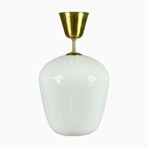 White Opaline Glass & Brass Pendant from Asea, Sweden, 1940s